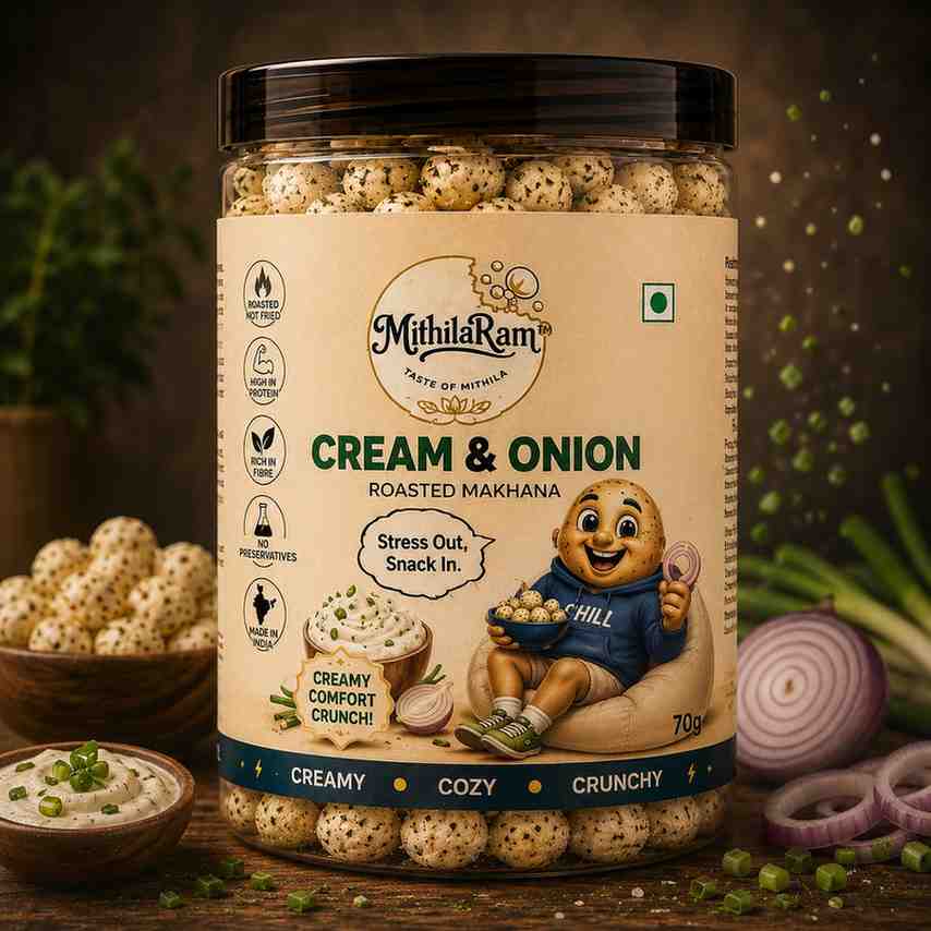 MithilaRam™ Cream & Onion Roasted Makhana | Creamy & Tangy Fox Nuts | Healthy Anytime Snack