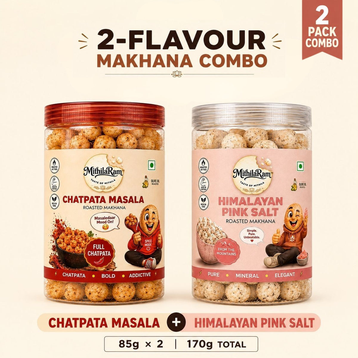 MithilaRam™ Combo of Chatpata Masala and Himalayan Pink Salt Olive Oil Roasted Makhana (2 x 85 g)