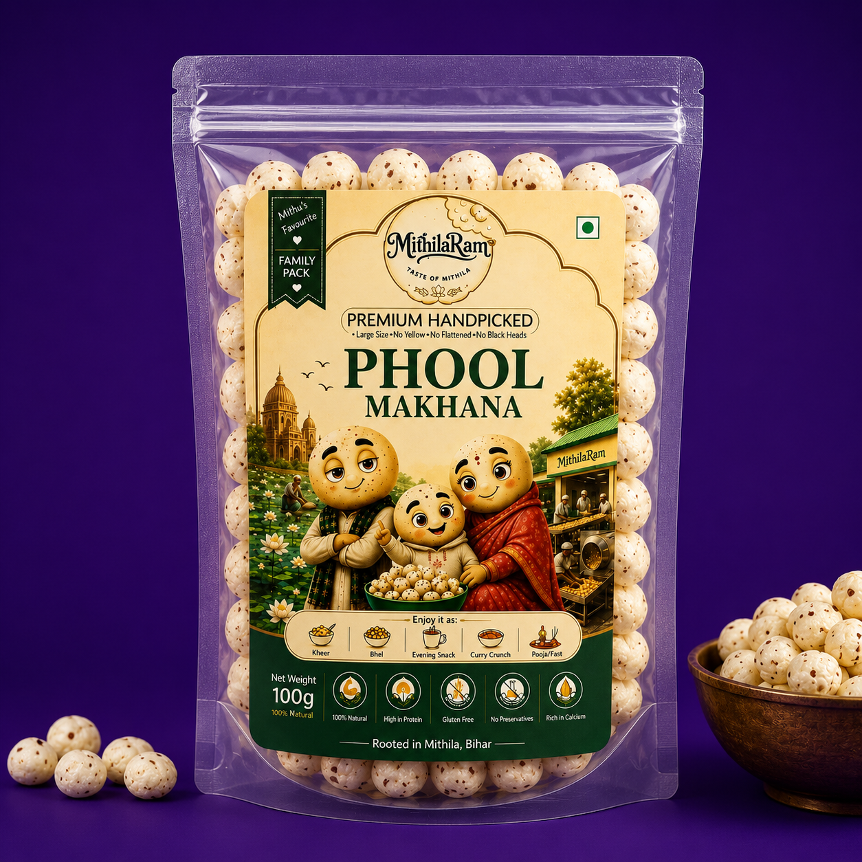 MithilaRam Phool Makhana 100g | Premium Bihar Fox Nuts | Gluten Free & Fasting Friendly Snack