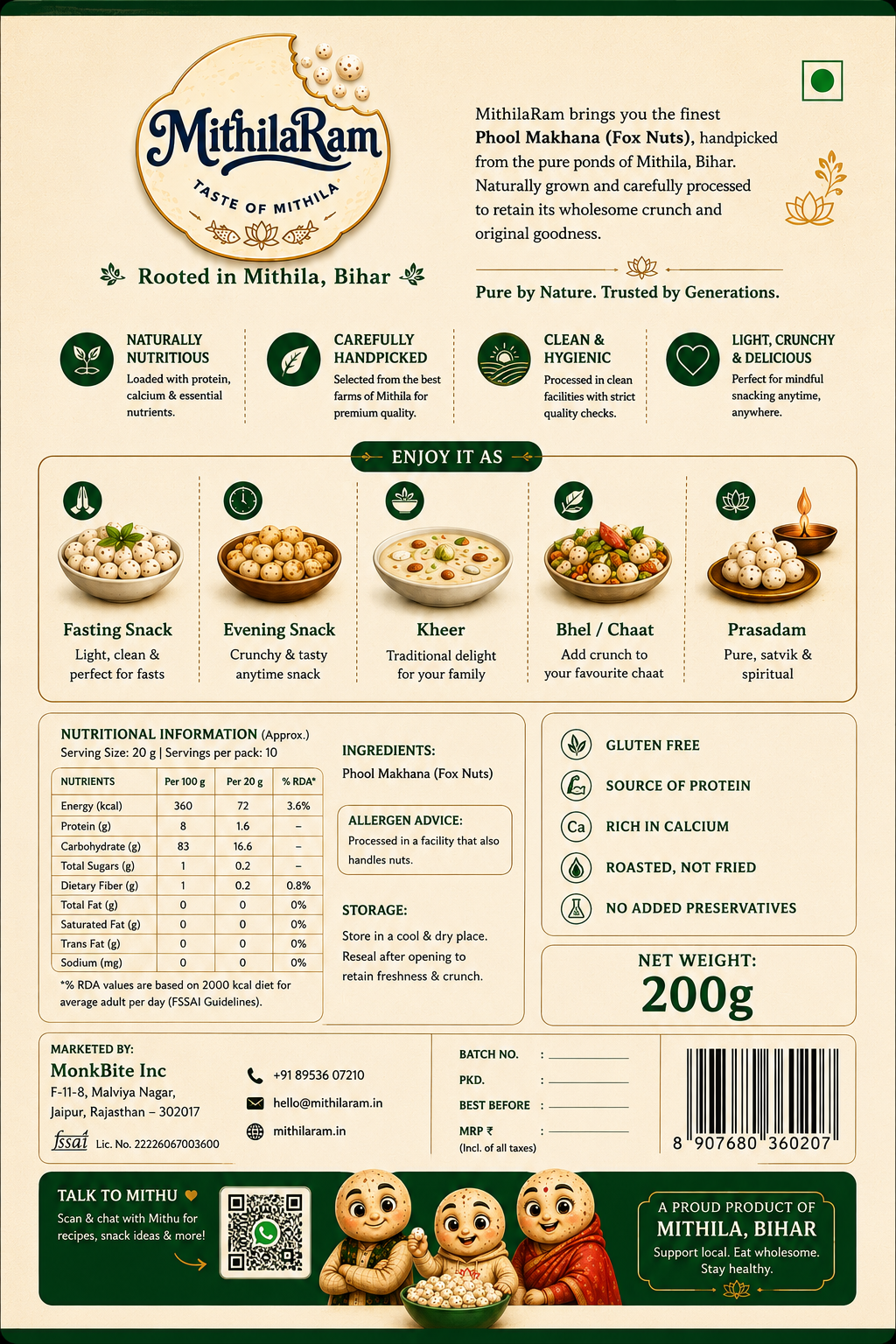 MithilaRam Phool Makhana 100g | Premium Bihar Fox Nuts | Gluten Free & Fasting Friendly Snack
