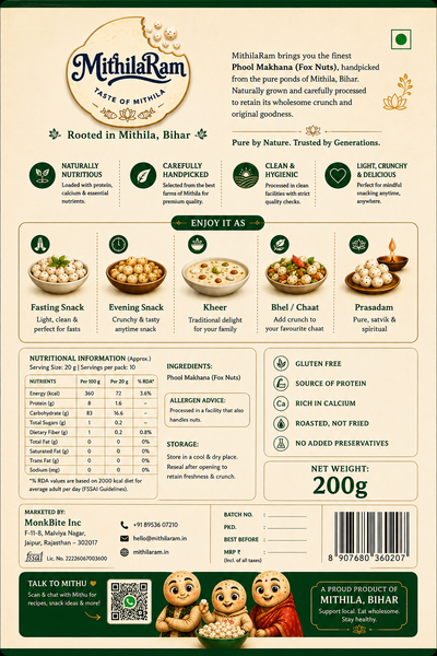 MithilaRam Phool Makhana 100g | Premium Bihar Fox Nuts | Gluten Free & Fasting Friendly Snack