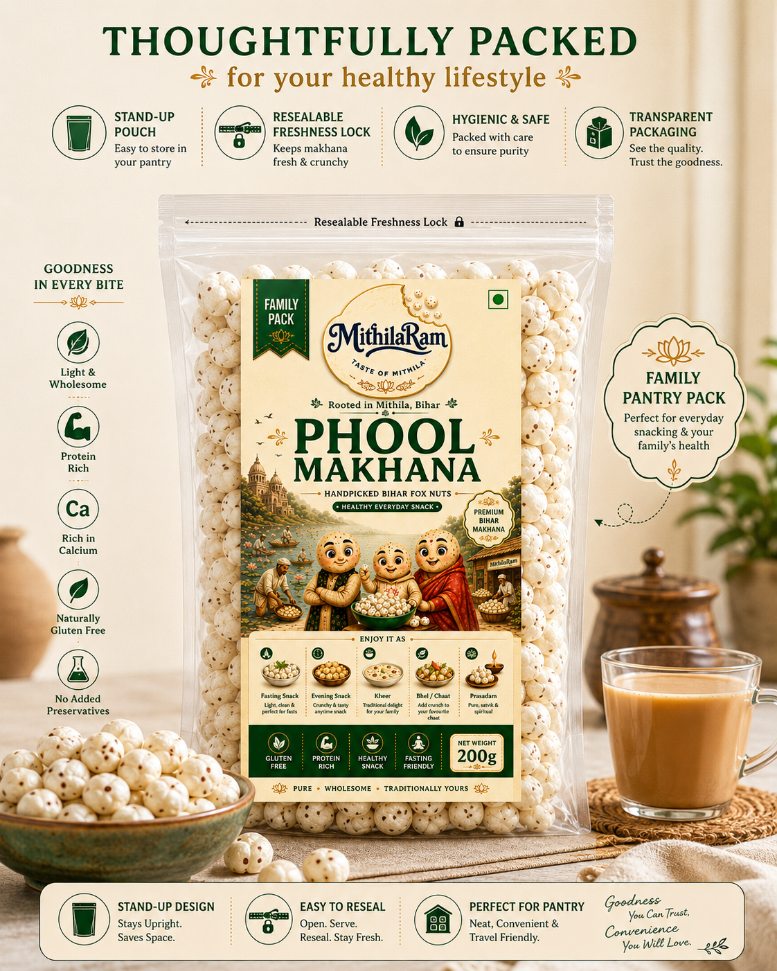 MithilaRam Phool Makhana — Premium Bihar Fox Nuts | 200g Pack