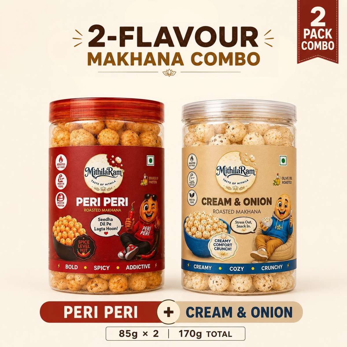 MithilaRam™ Combo of Peri Peri and Cream & Onion Olive Oil Roasted Makhana (2 x 85 g)