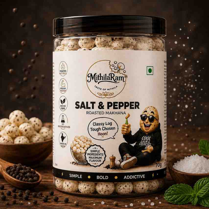 MithilaRam™ Salt & Pepper Roasted Makhana | Classic Savoury Fox Nuts | Healthy Anytime Snack