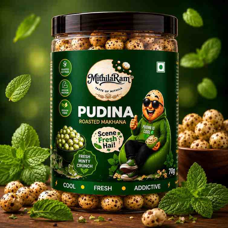 MithilaRam™ Pudina Roasted Makhana | Refreshingly Minty Fox Nuts | Healthy Anytime Snack