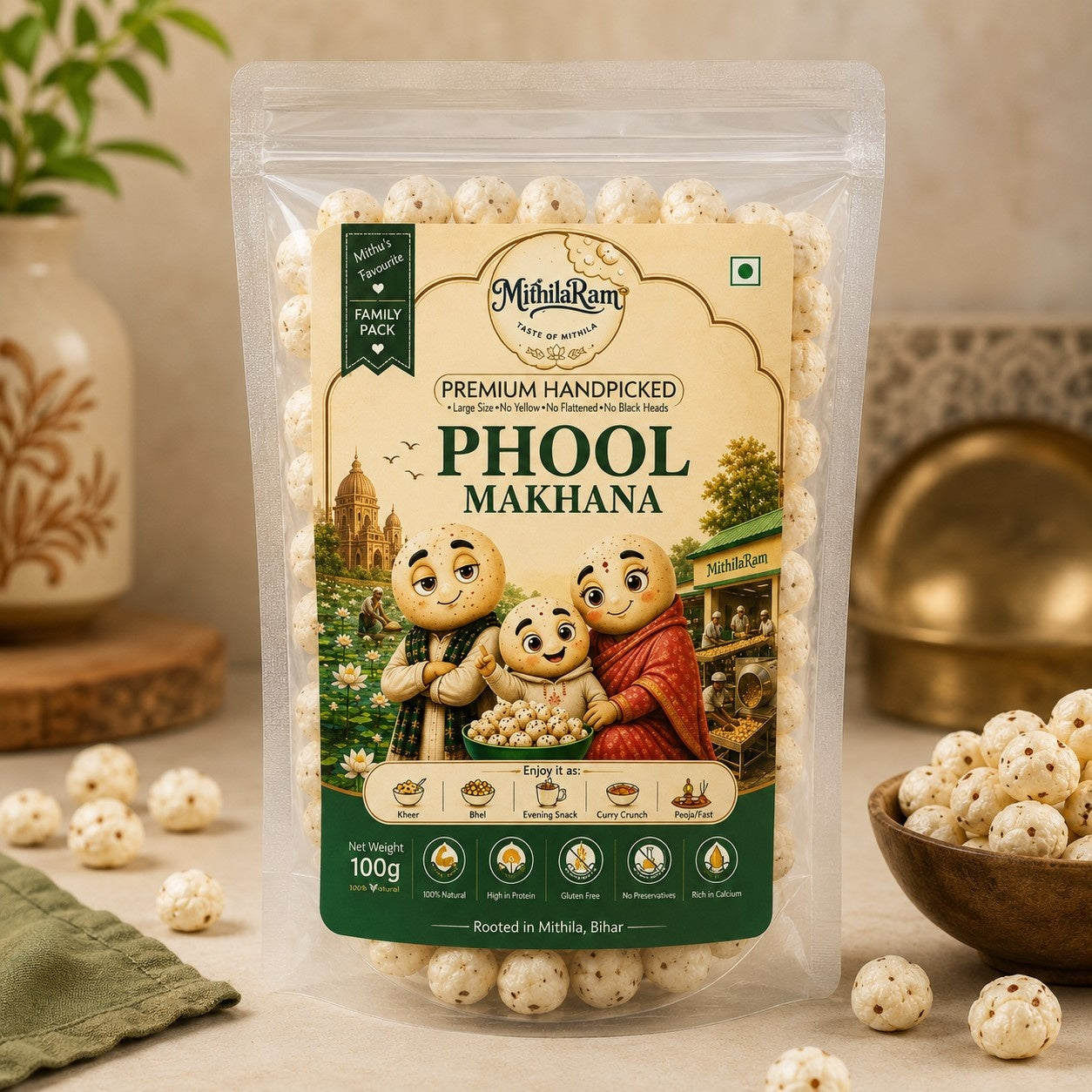 MithilaRam Phool Makhana 100g | Premium Bihar Fox Nuts | Gluten Free & Fasting Friendly Snack