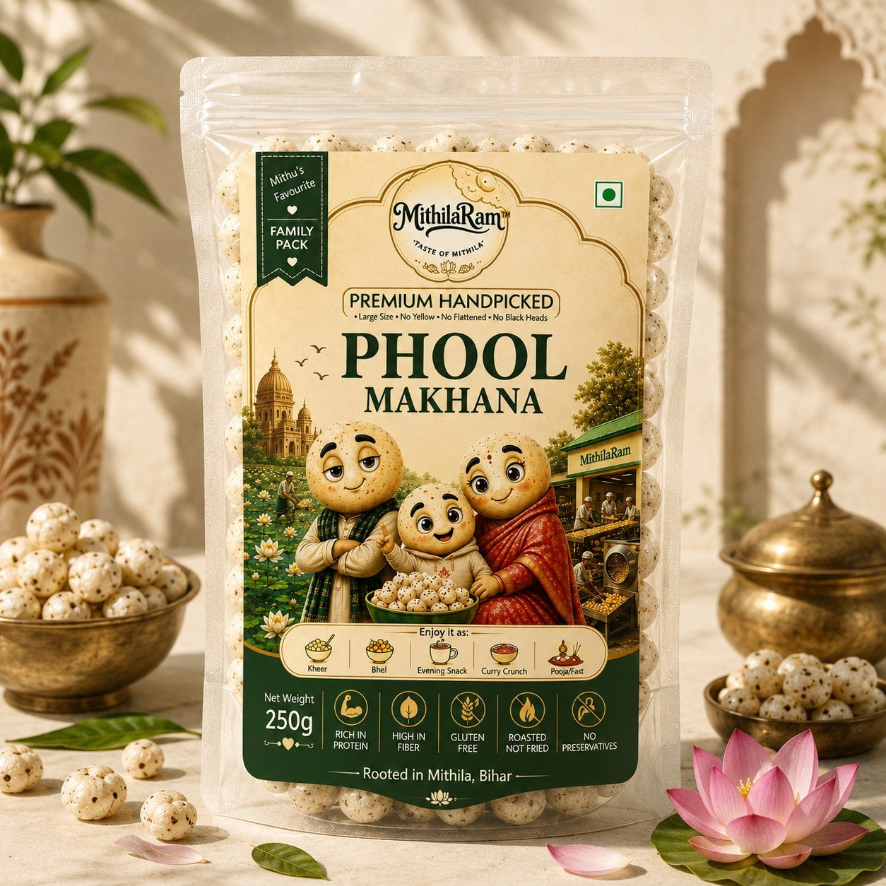 MithilaRam Phool Makhana — Premium Bihar Fox Nuts | 250g Pack