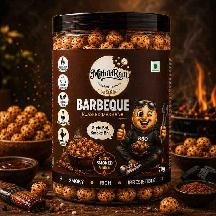 MithilaRam™ Barbeque Roasted Makhana | Smoky BBQ Fox Nuts | Healthy Anytime Snack