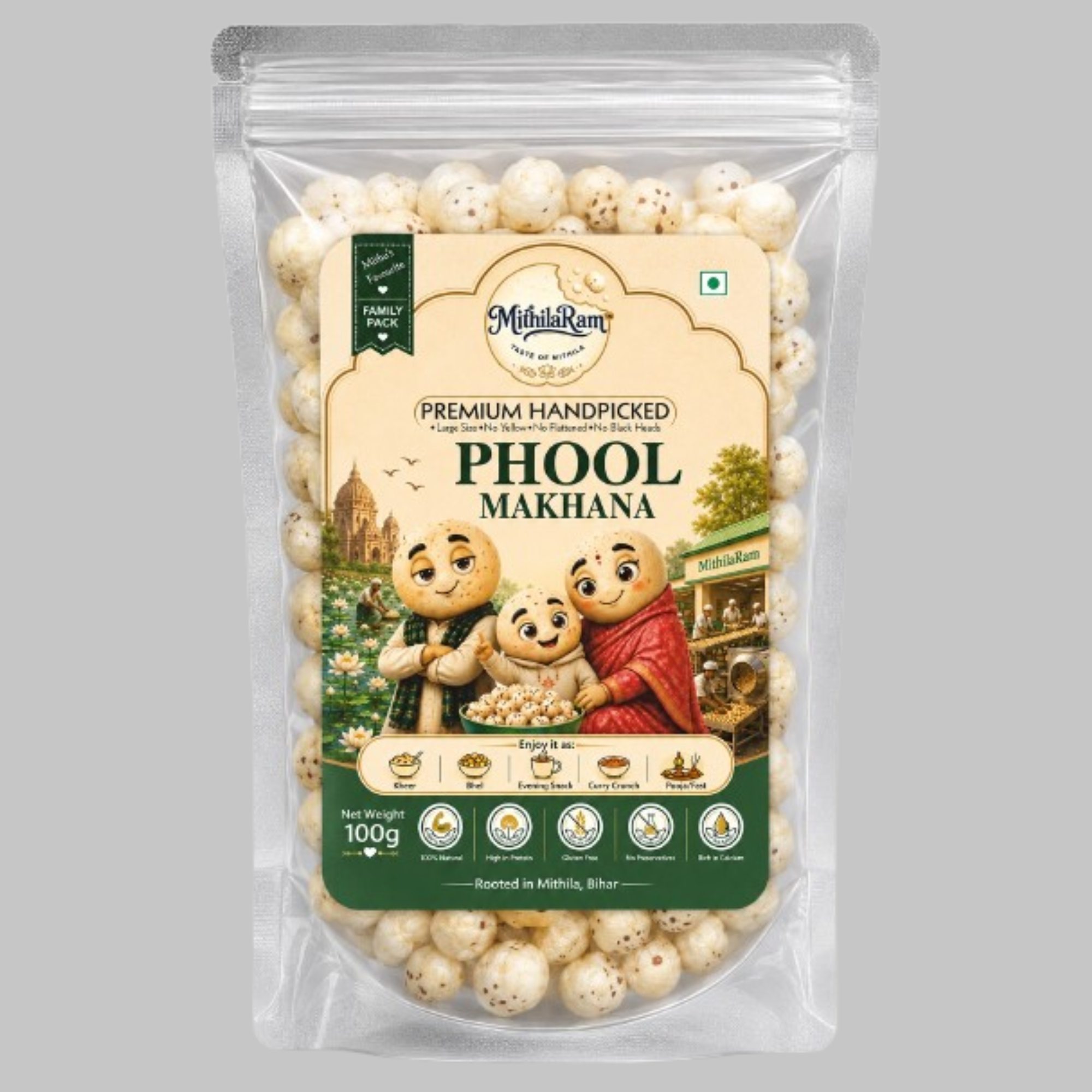 MithilaRam Phool Makhana 100g | Premium Bihar Fox Nuts | Gluten Free & Fasting Friendly Snack