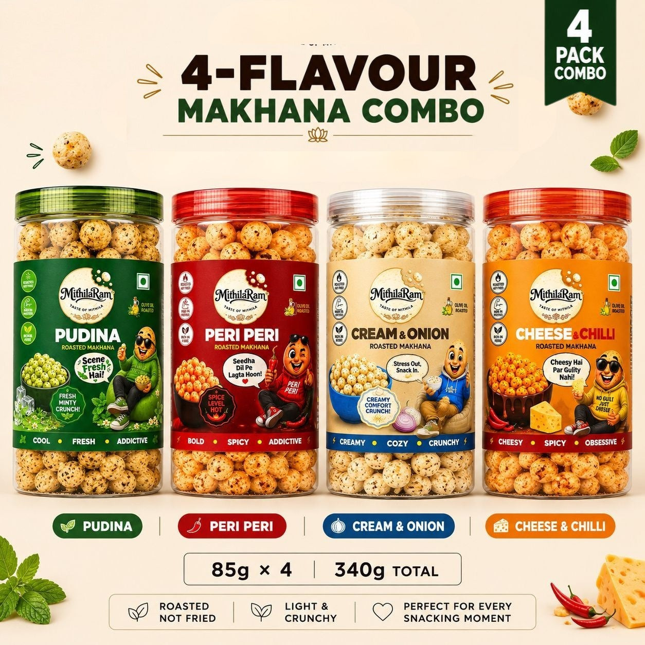 MithilaRam™ Combo of Pudina, Peri Peri, Cream & Onion and Cheese Olive Oil Roasted Makhana (4 x 85 g)